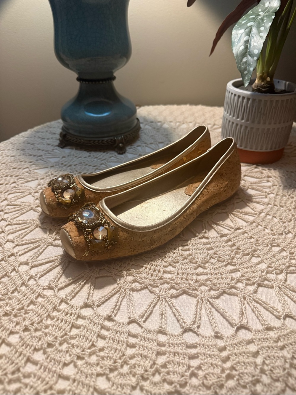 Vintage Cork Jeweled Embellished Ballet Flats